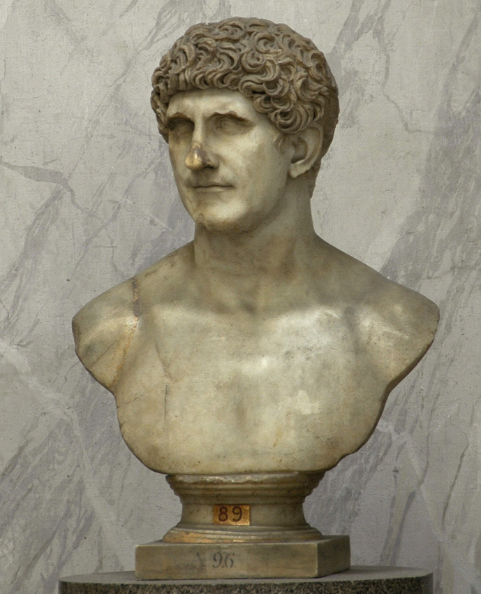 Roman male portrait bust, so-called Marcus Antonius. Fine-grained yellowish marble. Flavian age (6996 A.D.). Rome, Vatican Museums, Chiaramonti Museum.